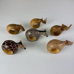 Hand Crafted Olive Wood Jungle Safari Animal Napkin Rings Made in Kenya